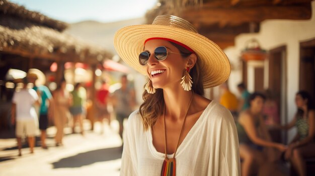 Foto niña con sombrero de sol y gafas de sol en vacaciones concepto de viaje y ocio de fondo