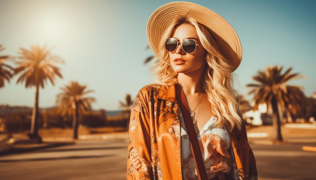 Foto niña con sombrero de sol y gafas de sol en vacaciones contra palmeras concepto de viaje de fondo