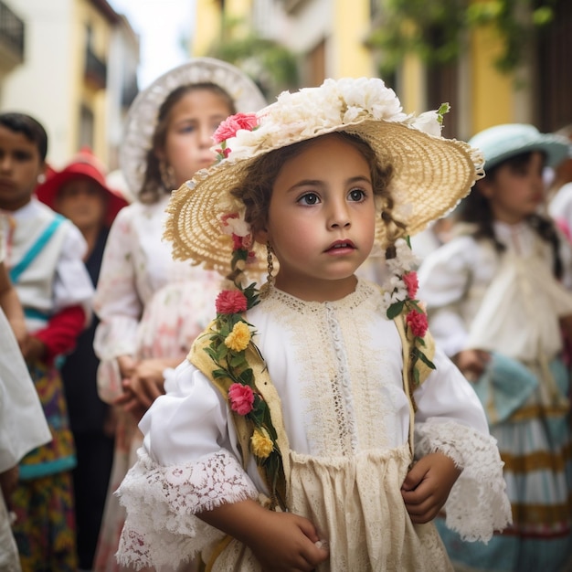 Una niña con sombrero y vestido con flores.