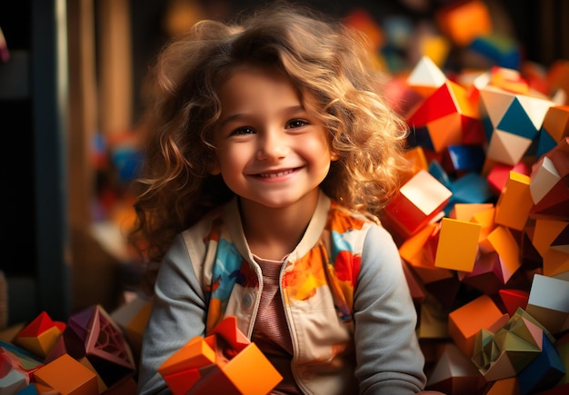 una niña sonríe a un juguete colorido