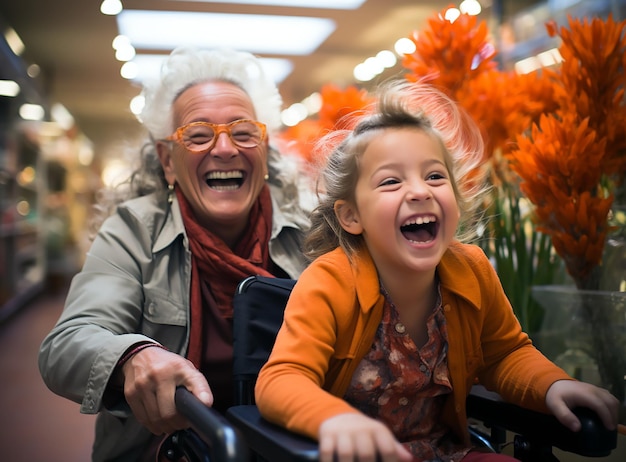 Foto una niña sonríe mientras anda en silla de ruedas con una sonrisa en su rostro.