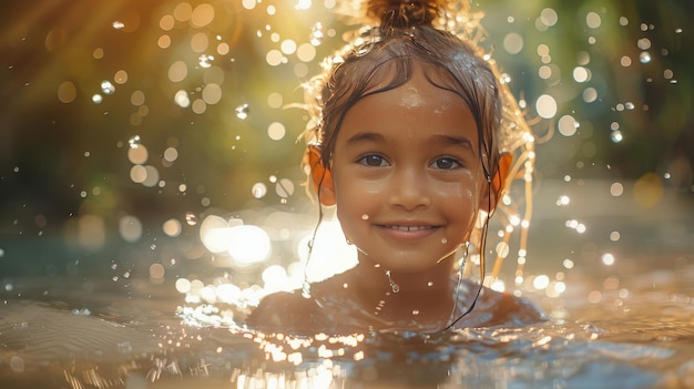Una niña sonríe nadando en el agua