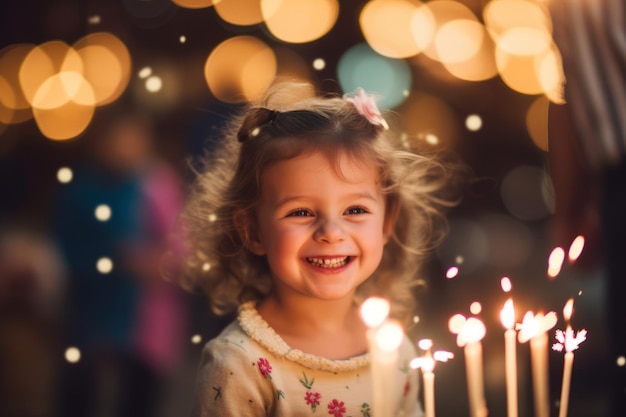 Una niña sonríe con velas encendidas en el fondo