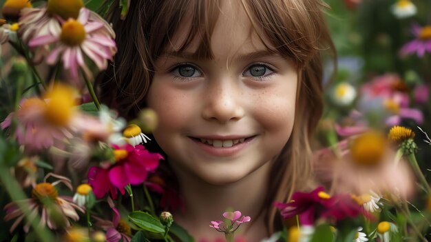 Foto niña sonriendo en un campo de flores ella lleva un vestido rosado y tiene el cabello en colas las flores son coloridas y brillantes