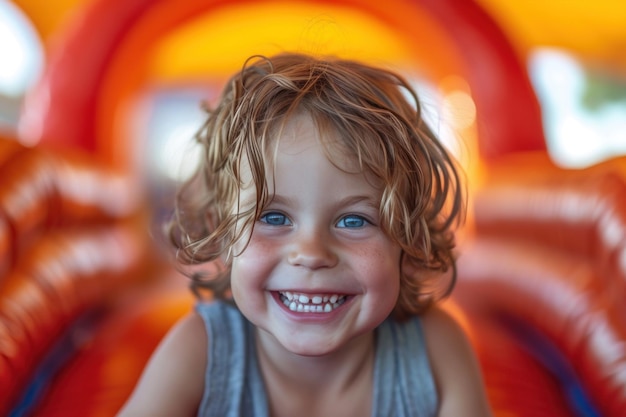 Niña sonriendo en la casa hinchable