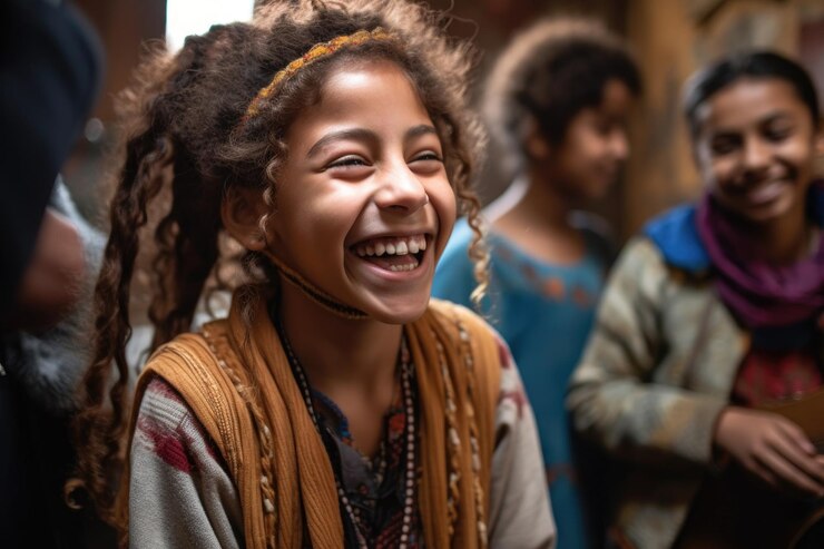 Una niña sonriendo mientras sus amigos interpretan una actuación improvisada creada con inteligencia artificial generativa
