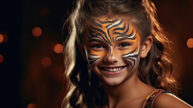 Niña sonriendo con pintura para el rostro de tigre
