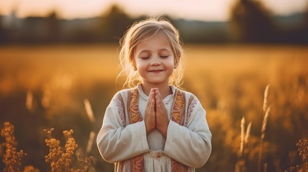 Niña sonriendo y rezando en el bosque GENERAR IA