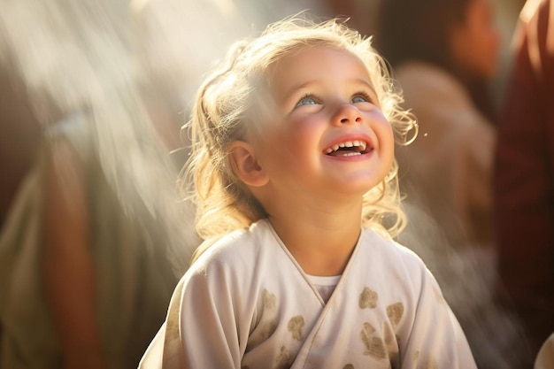 una niña sonriendo y riendo con el pelo ondeando al viento.