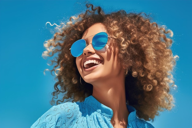 niña sonriendo sobre un fondo azul