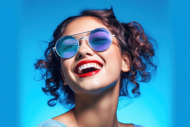 niña sonriendo sobre un fondo azul