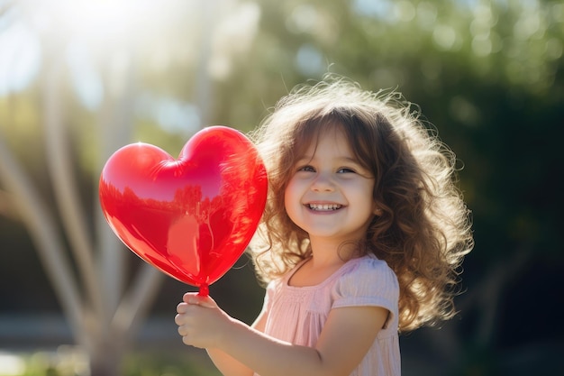 una niña sonriendo sosteniendo un globo en forma de corazón