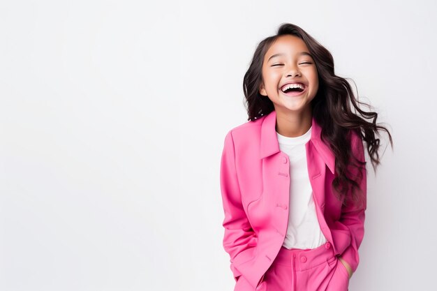 Una niña sonriendo con traje rosa