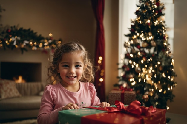 Niña sonriente abriendo regalos de Navidad IA generativa