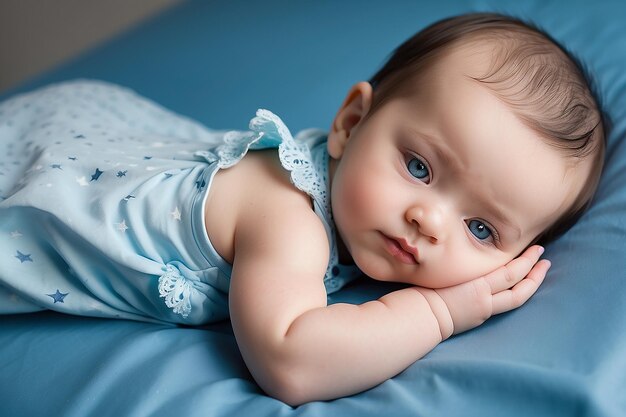 Niña sonriente acostada en una cama durmiendo en sábanas azules