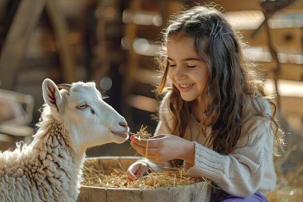 Niña sonriente alimentando comida a cabra en el establo
