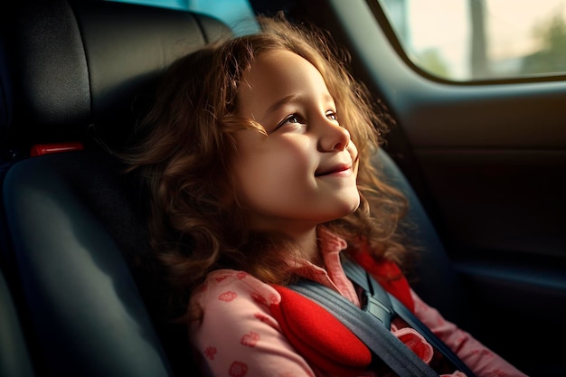 Niña sonriente en un asiento de coche atado a la seguridad de un asiento infantil