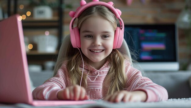 niña sonriente con auriculares usando una computadora portátil