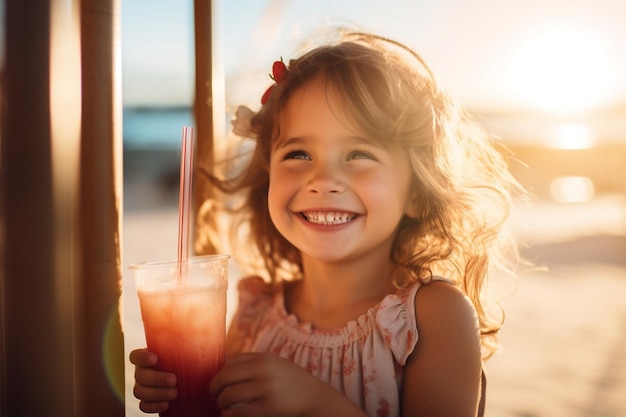 Una niña sonriente bebiendo un batido orgánico en la mesa Generative Ai