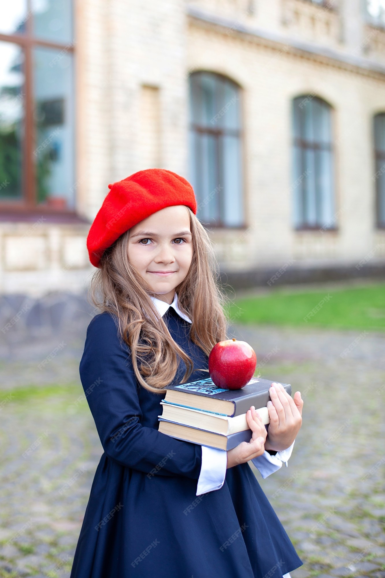 sonriente en una boina roja sostiene una pila de con una manzana cerca del edificio de la escuela. | Foto Premium