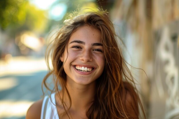 Niña sonriente en la calle de Summer City Mujer feliz al aire libre en un entorno urbano