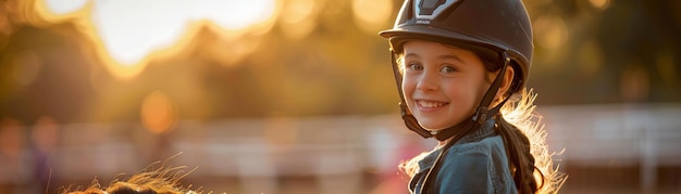 Niña sonriente con casco lista para montar a caballo Actividad al aire libre y tema ecuestre