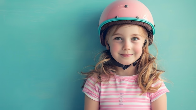 Niña sonriente con un casco de motocicleta en un fondo aislado