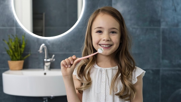 Niña sonriente con un cepillo de dientes de pie frente al fregadero del baño