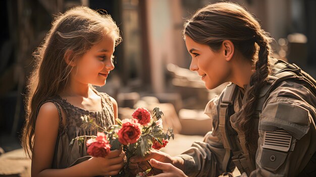 Niña sonriente dando flores a una mujer soldado en la guerra No a la guerra Día Mundial de la Paz