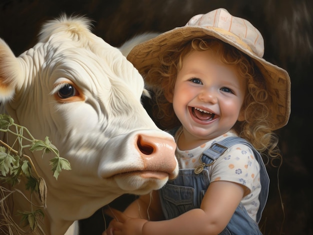 niña sonriente divertida como granjero con vaca