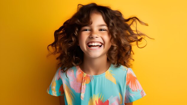 Foto niña sonriente con una expresión lúdica en un traje colorido