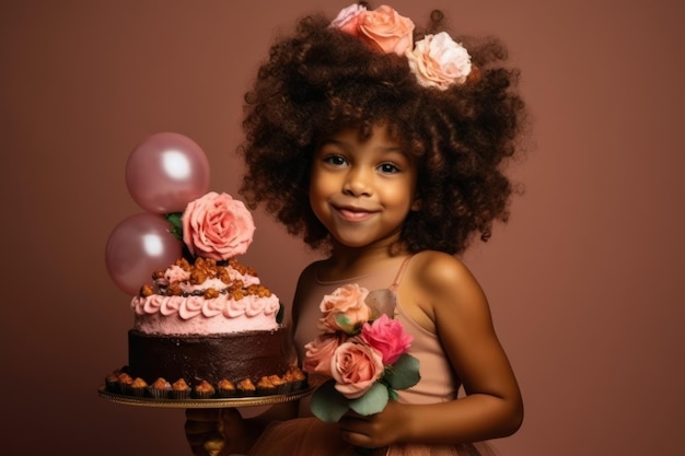 Una niña sonriente feliz celebrando su cumpleaños con velas en el fondo