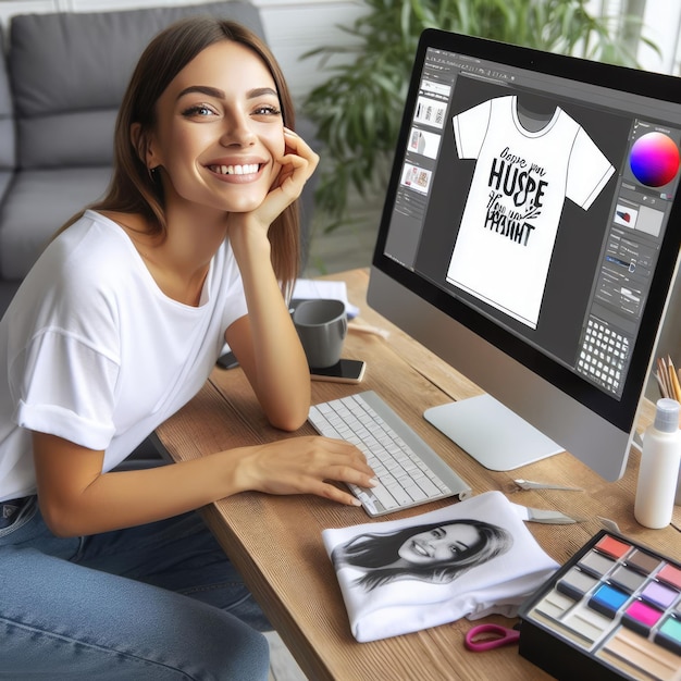 Foto niña sonriente y feliz diseña tu camiseta personalizada en una computadora portátil