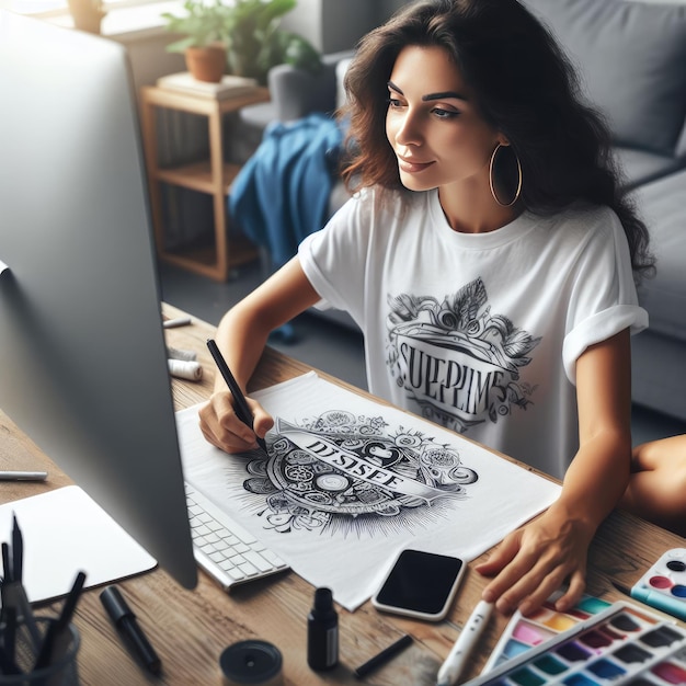 Niña sonriente y feliz diseña tu camiseta personalizada en una computadora portátil