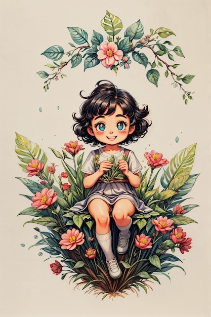 Niña sonriente con flores esparcidas en una ilustración de acuarela