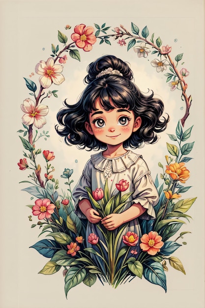 Niña sonriente con flores esparcidas en una ilustración de acuarela