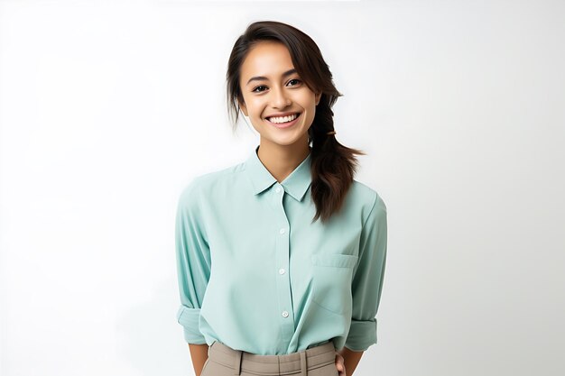 Foto niña sonriente con fondo blanco