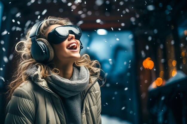 Foto niña sonriente con gafas y auriculares