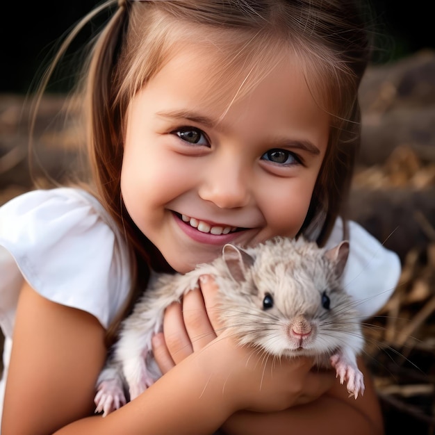 Foto una niña sonriente con un hámster en la mano