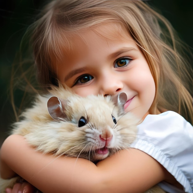 Foto una niña sonriente con un hámster en la mano