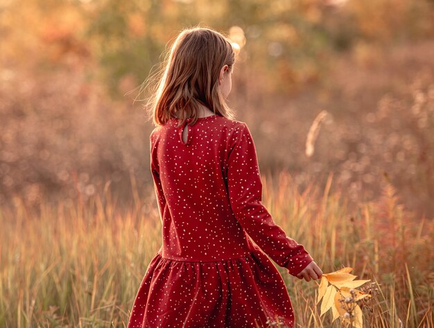 Niña sonriente con hojas de otoño amarillas sobre fondo de naturaleza soleada