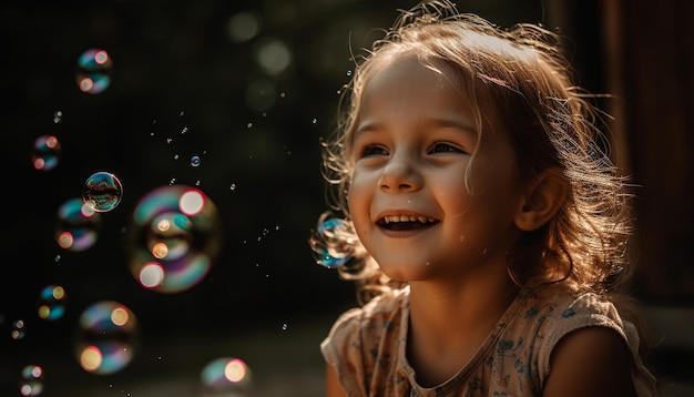 Niña sonriente juega con burbujas en la naturaleza generadas por IA