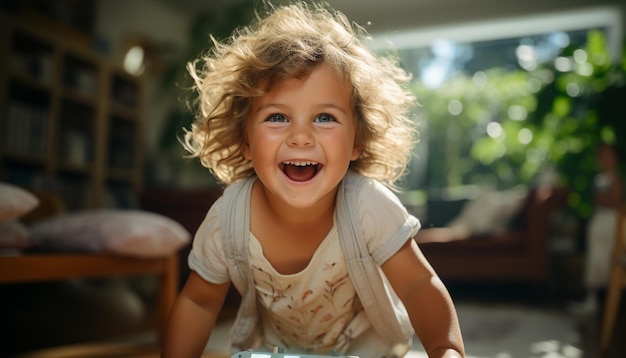 Foto niña sonriente jugando disfrutando despreocupada mirando la cámara generada por la ia