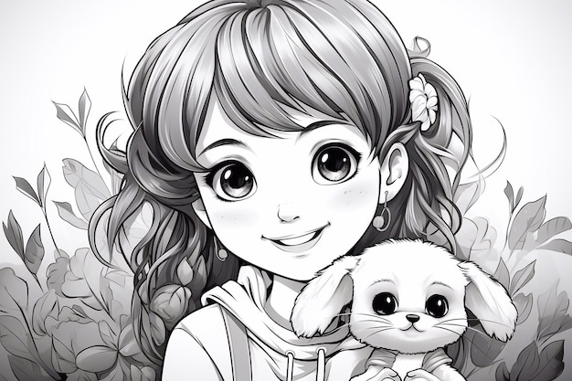 Niña sonriente jugando con su pequeño conejo ilustración vectorial en blanco y negro en un dibujo animado