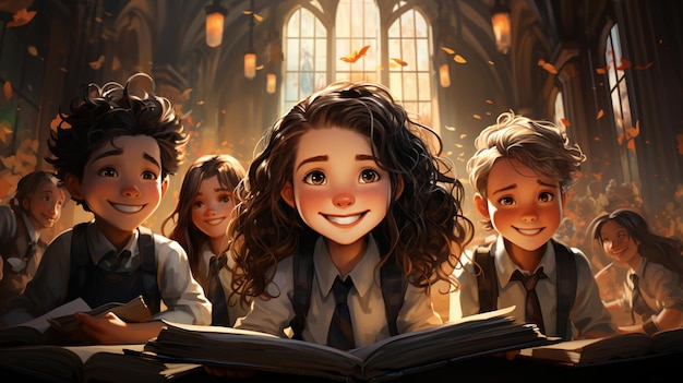 niña sonriente leyendo un libro mientras está sentada con amigos