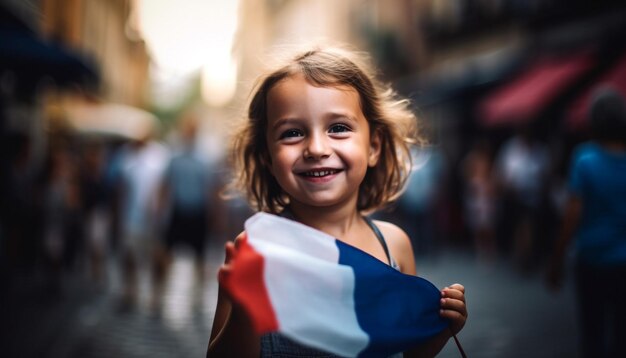 Foto niña sonriente muestra patriotismo con bandera estadounidense generada por ia