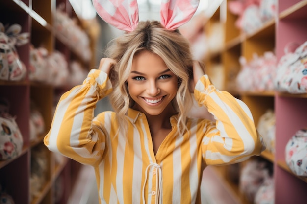 una niña sonriente con orejas de conejo y una bolsa de compras con traje de conejito de Pascua