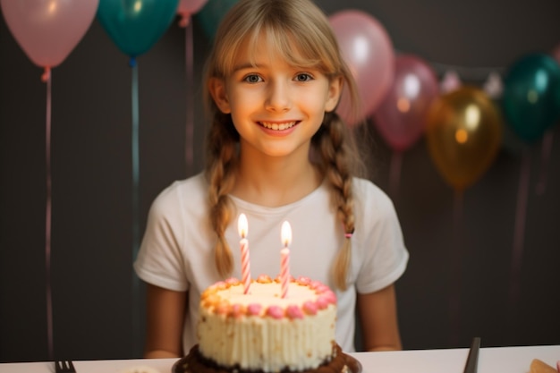 Niña sonriente con un pastel de cumpleaños