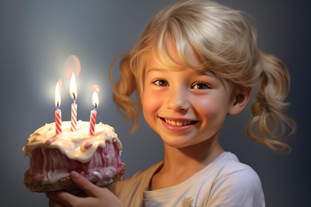 Niña sonriente con un pastel de cumpleaños