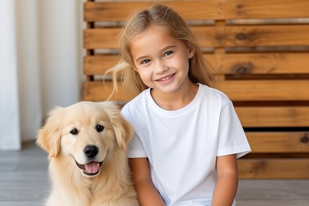 Niña sonriente con perro golden retriever Maqueta de camiseta para niños